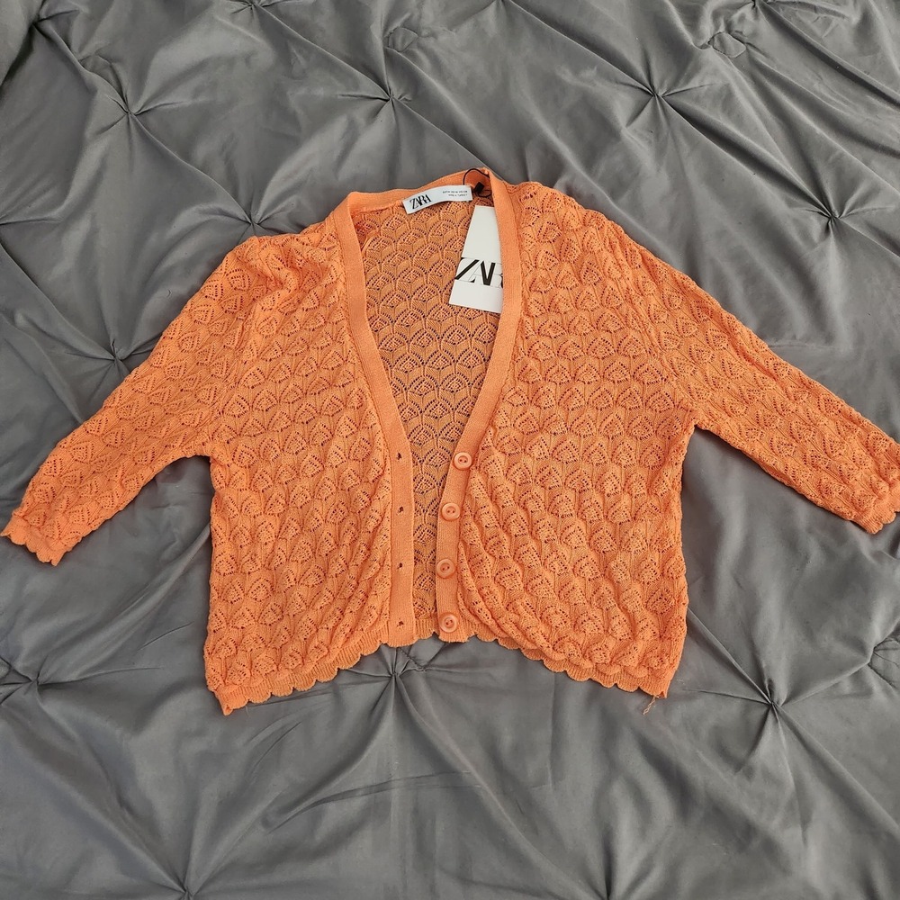 Zara Orange Pointelle Knit Cropped Cardigan Sweater Button Front Crochet Medium